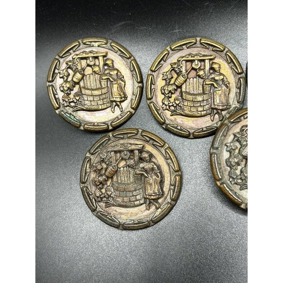 Antique Brass Button "The Wishing Well" 2-Part Rotating Large Metal Set of 5 - Picture 6 of 13